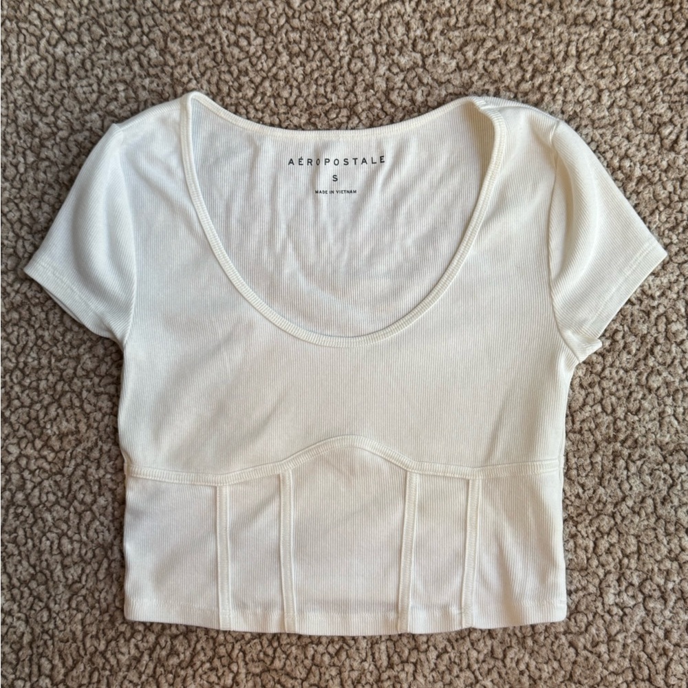 Aeropostale Cream Fitted Bodysuit Crop Top Short Sleeve